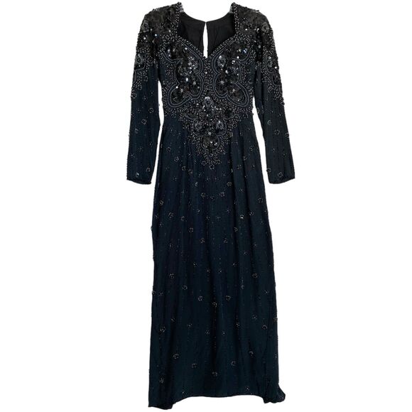 Vintage Demetrios Design Maxi Dress S Black Silk Beaded Burleskque Fairy Glam - Picture 2 of 12